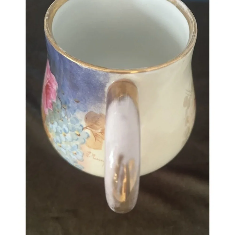 Antique B & M Limoges France Hand Painted Rose Drink Pitcher Gold Handle Collect